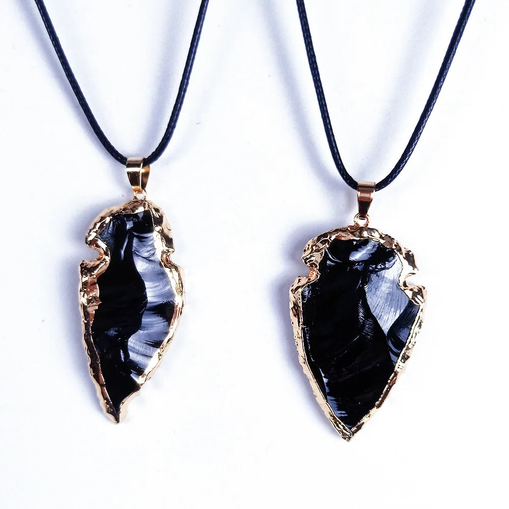 Natural Black Obsidian Arrow Shaped Crystals Pendant Golden Edge Plated Raw Healing Crystal Irregular Arrow Head Amulet