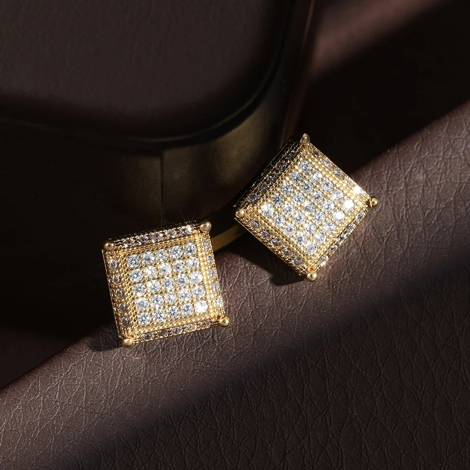 TrendMen Hiphop Rock Square Cubic Copper Zirconia Stud Earrings For Men Boy Gold Color Metal Crystal Earring Party Ear