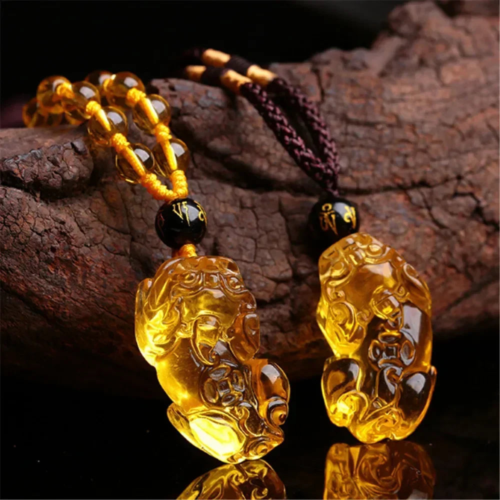 Citrine Pixiu Wealth Pendant Necklace — Crystal Amulet