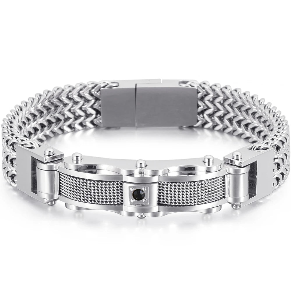 Stainless Steel Bracelet for Men 12MM Width Square Franco Link Chain Men's Bracelets With CZ & Magnet Clasp Gold Color