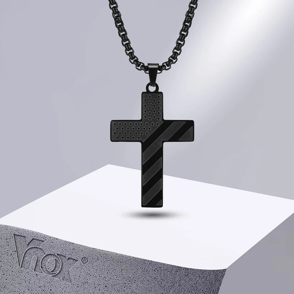 Vnox American Flag Cross Pendant Necklace for Men, Bold US Flag Textured Pendant, Black Stainless Steel Faith Jewelry
