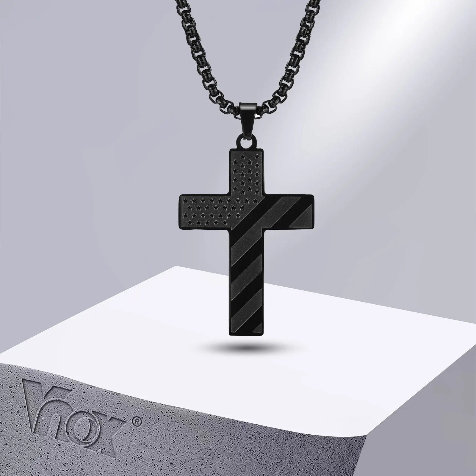 Vnox American Flag Cross Pendant Necklace for Men, Bold US Flag Textured Pendant, Black Stainless Steel Faith Jewelry