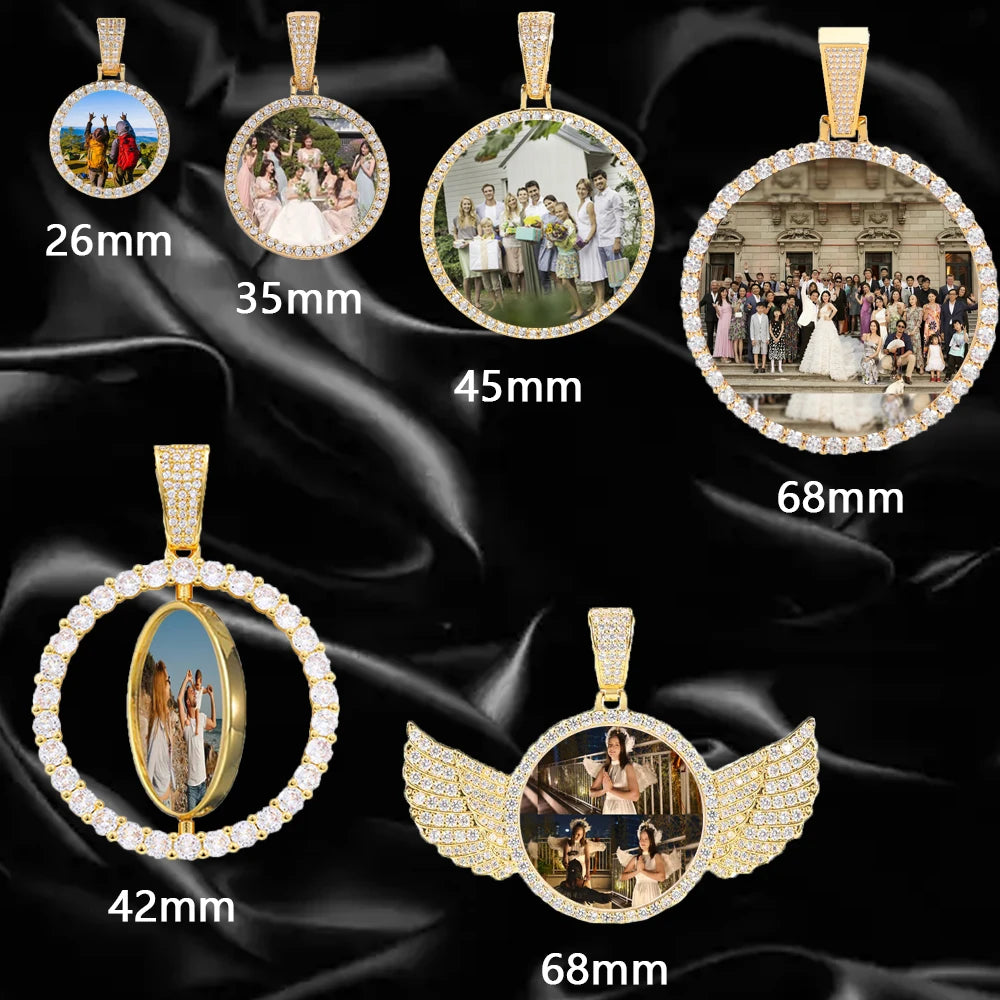 HHIOK Customized Necklaces Circle Chain Picture Personalized Diamond Memory Pendant with Photo Wing Design Gift for Men