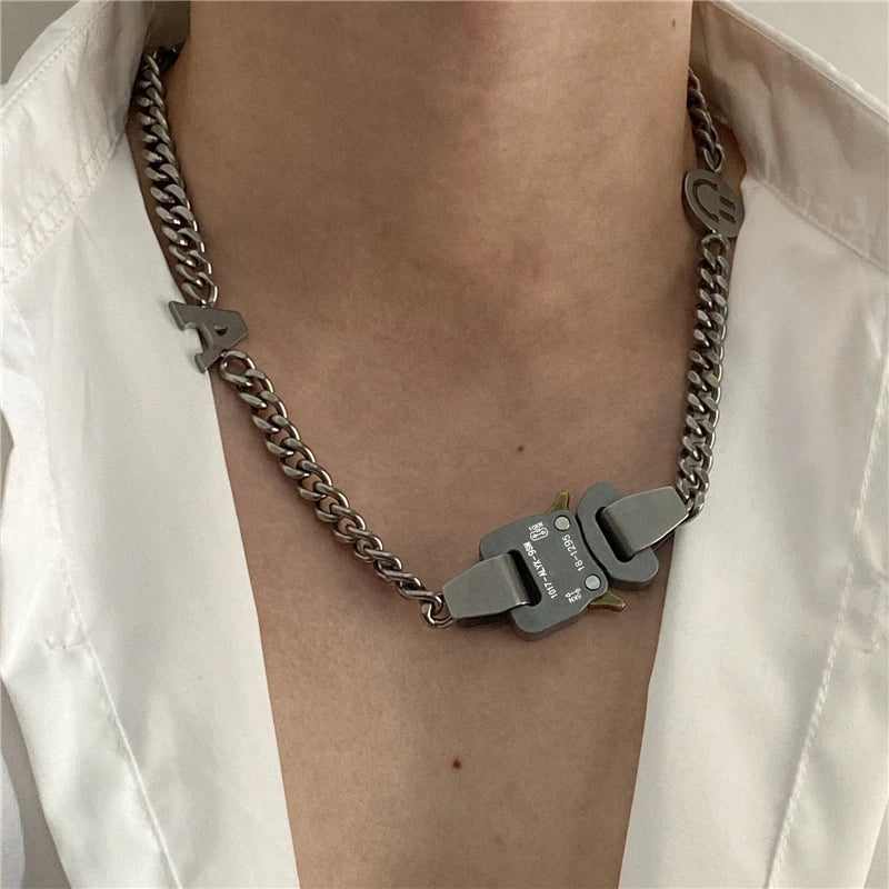 HANGZHI 2021 NEW Hip Hop Punk Titanium Steel Street Men and Women Letters Metal Safety Buckle Necklace Fashion Jewelry