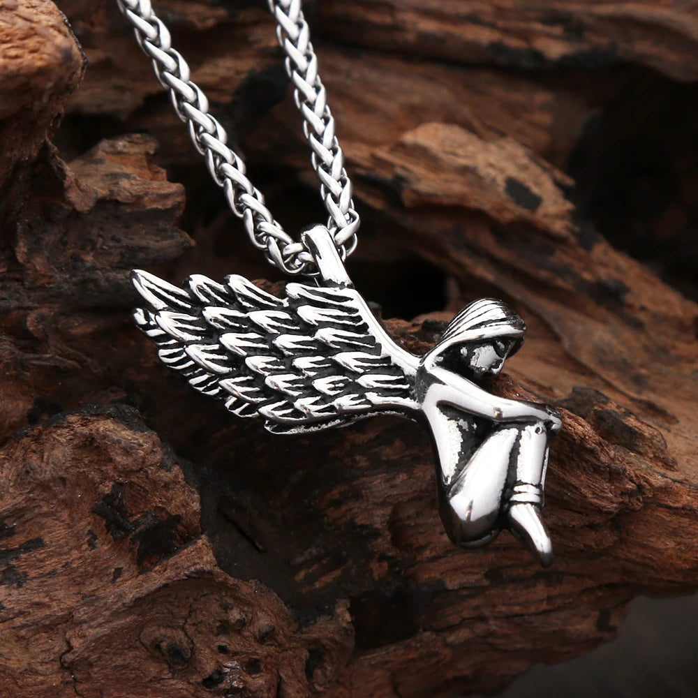 Angel Wings Steel Pendant Vintage Praying Hand