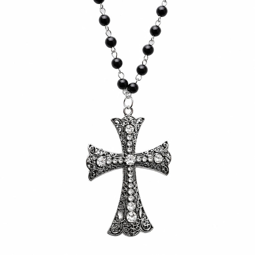 Crystal Filigree Cross Beaded Necklace — Black
