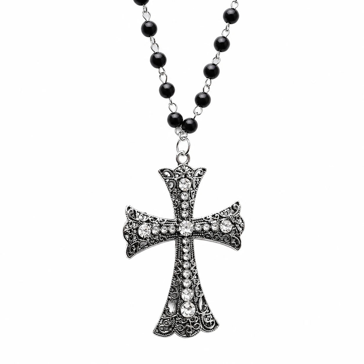 Crystal Filigree Cross Beaded Necklace — Black