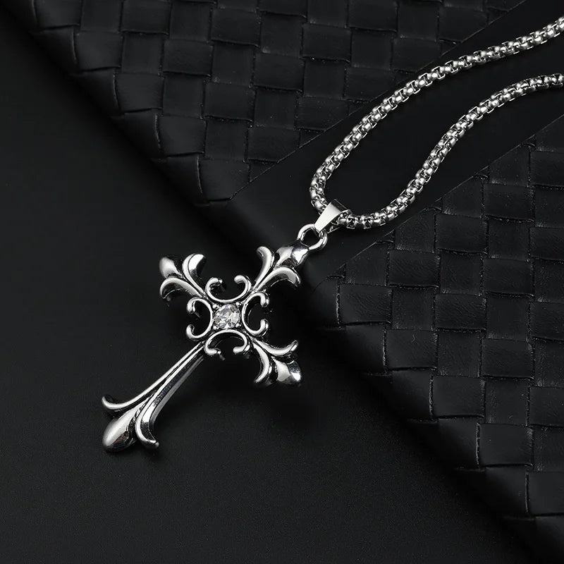 Gothic Style Retro Rhinestone Cross Stainless Steel Pendant ins Hip-Hop Men's Fashion Personality Versatile Necklace