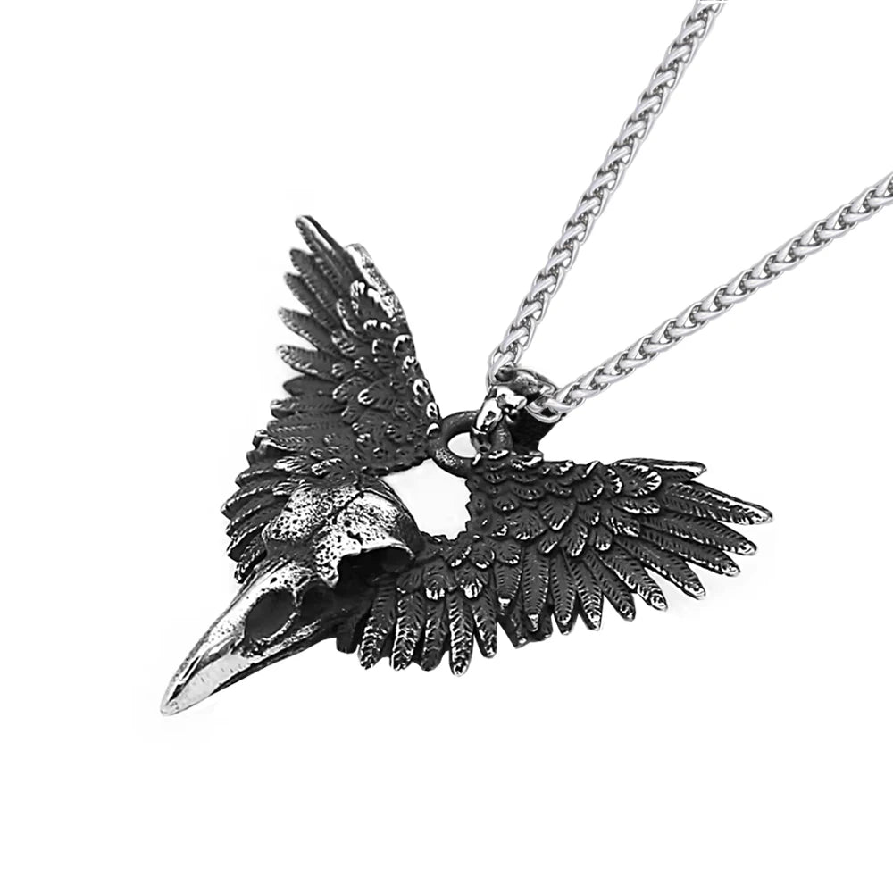 Vintage Punk Raven Skull Pendant Black Stainless Steel Wing Necklace Men Biker Unique Animal Amulet Jewelry Gifts