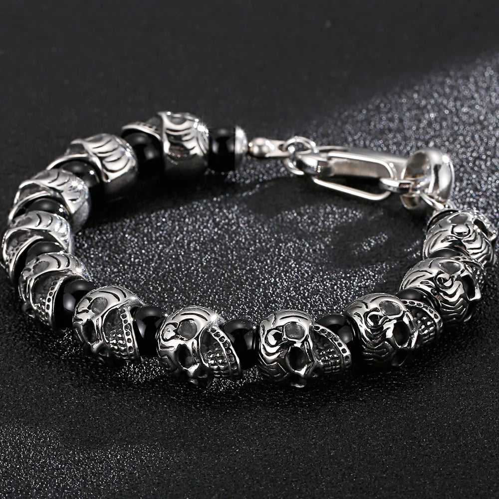 Punk Gothic Stainless Steel Skeleton Jewelry Full Skull Heads Chain Man Bracelet for Men Black Plastic Beads Bracelets