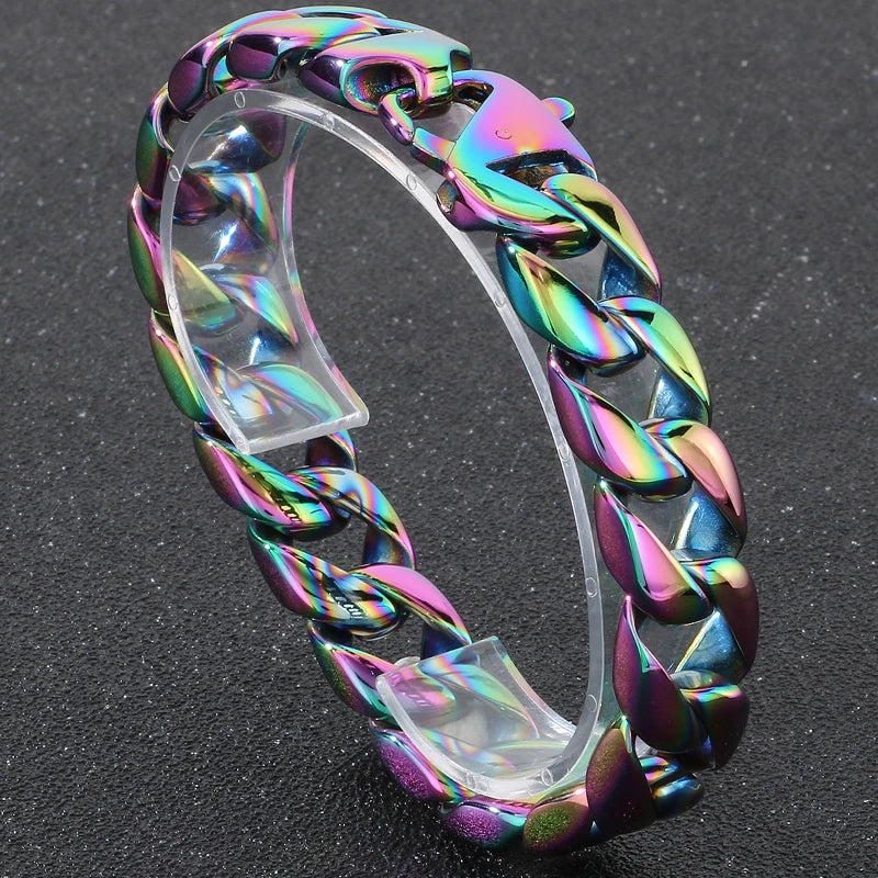 Vintage Black Stainless Steel Bracelet for Man Men's 15MM Wide Curb Link Chain Bracelets Bangles Armband Jewelry