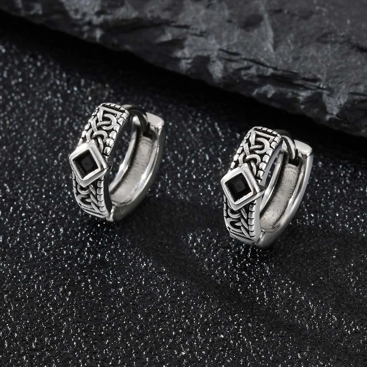 Gothic Rhombus Hoop Earrings for Men — Small, Stainless Steel