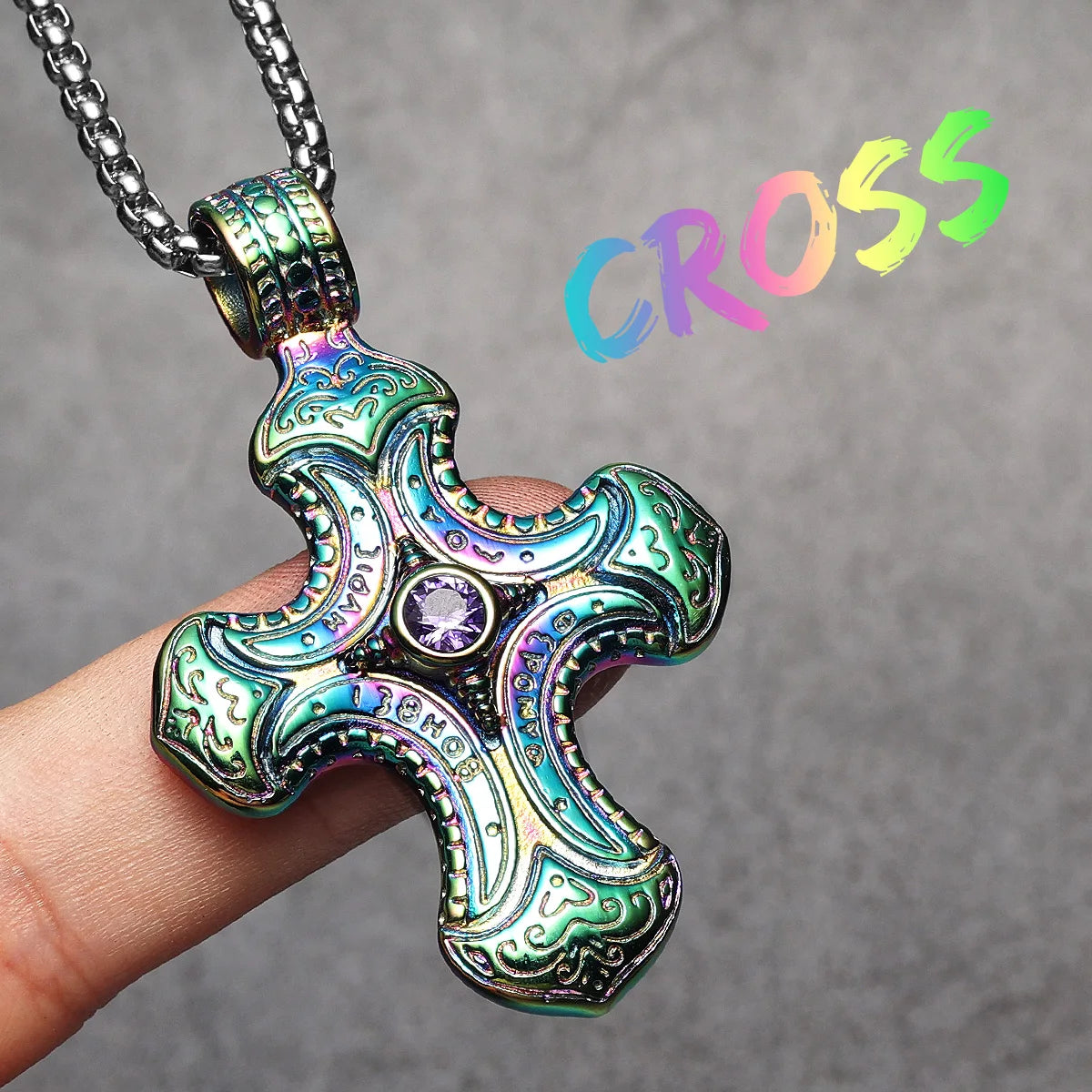 Cross Gemstone Pendant — Stainless Steel