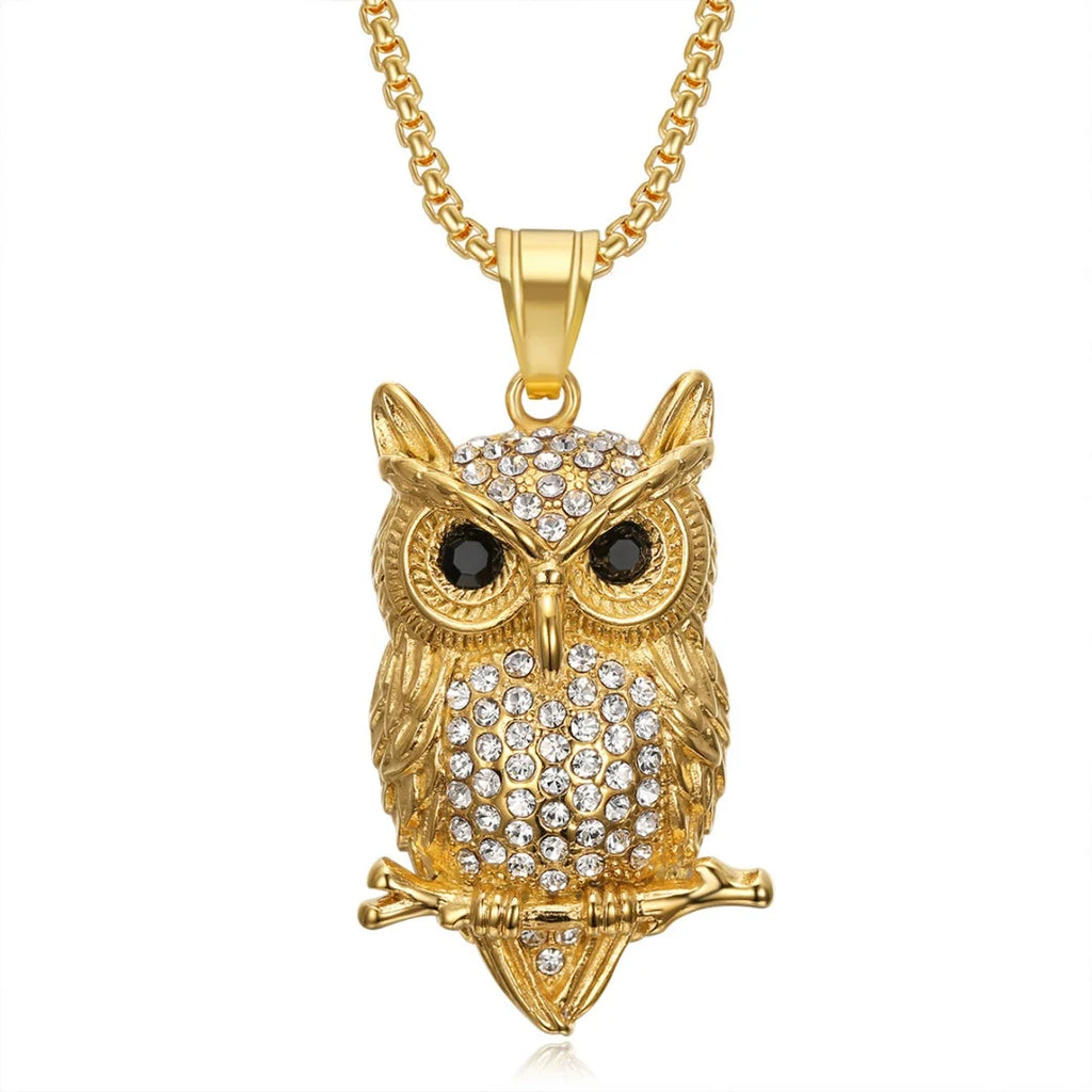 Iced Out Owl Gold Pendant Necklace