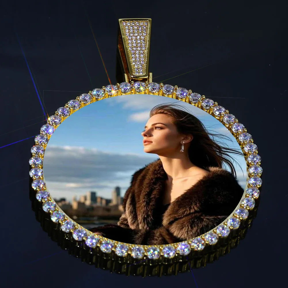 ESKEEM Big Circle Photo Medallions Chain Pendant Iced Out Men Hip Hop Memory Picture Pendant Jewelry Christmas Gift