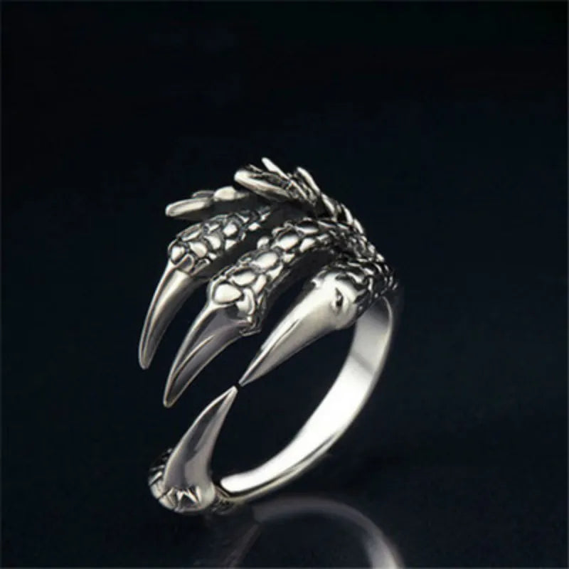 Stainless Steel Vintage Silver Dragon Claw Adjustable Opening Ring Tibetan silver Eagle Animal Rings for Men Women Punk