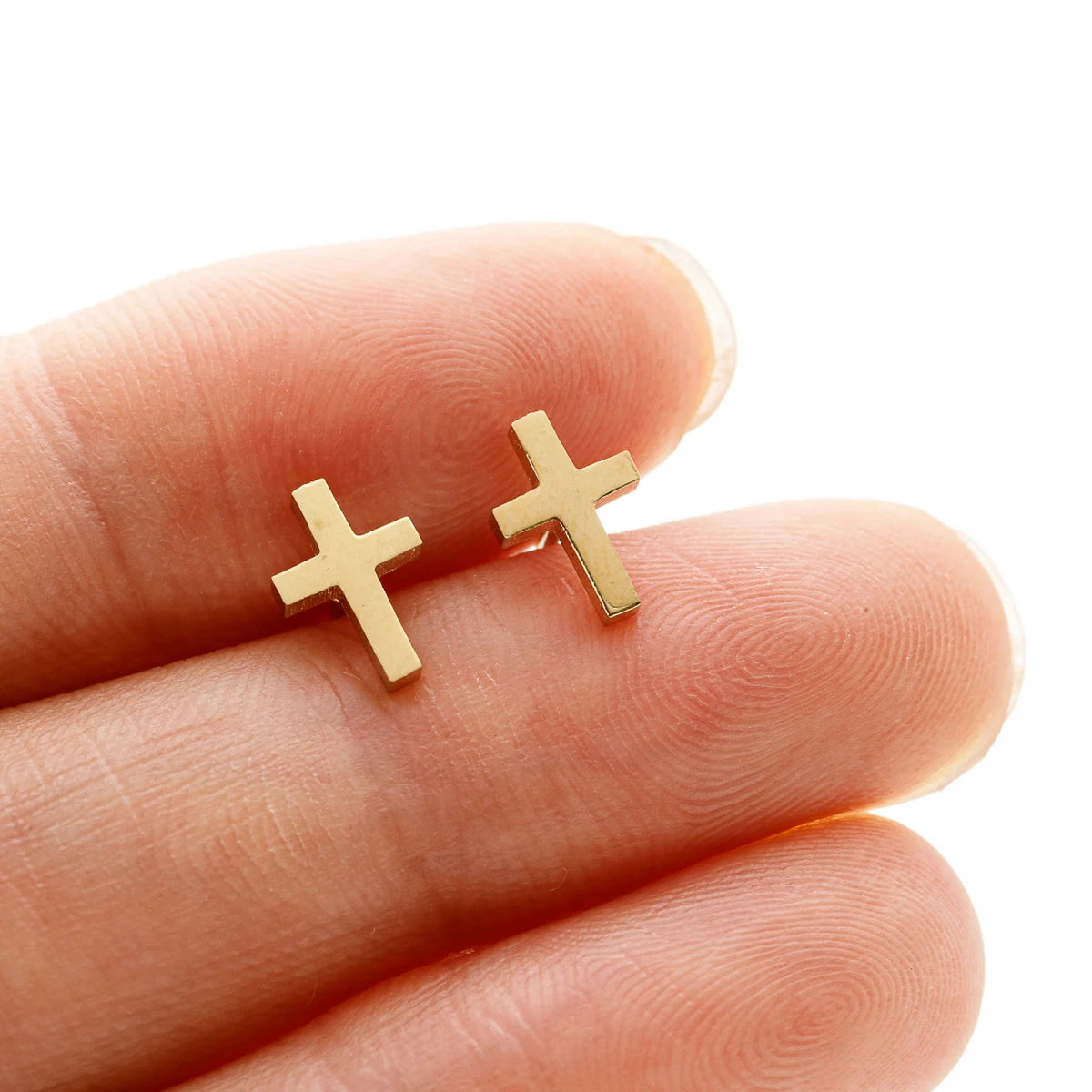 Small Gold Cross Stud Earrings Christian Amulet — Stainless Steel