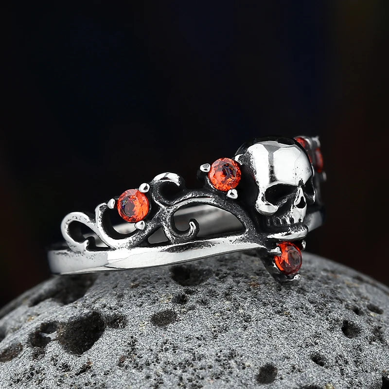 316L Stainless Steel Gothic Accessories Lost Skull Ring With Red Stone For Man Women Punk Jewelry Couple Or Women Gift