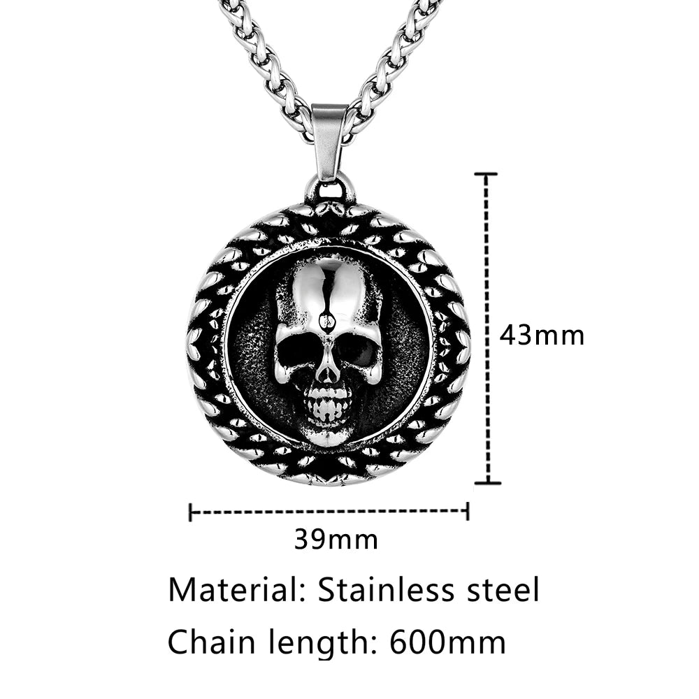 Viking Double-Sided Skull Pendant Necklace — Stainless
