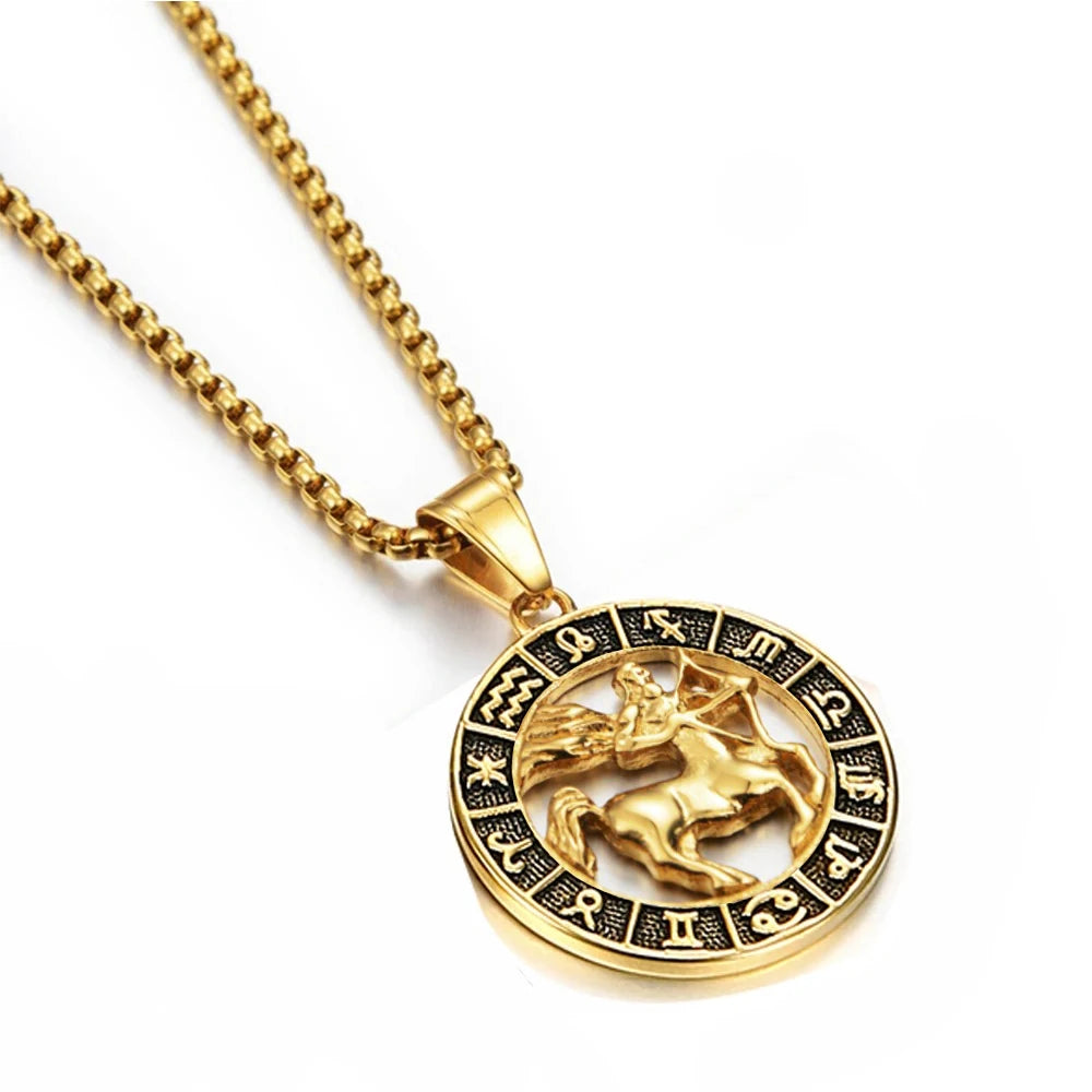 Zodiac Sign Leo Scorpio Pendant Necklace for Women/Men Gold Color Stainless Steel Round 12 Constellation Necklaces