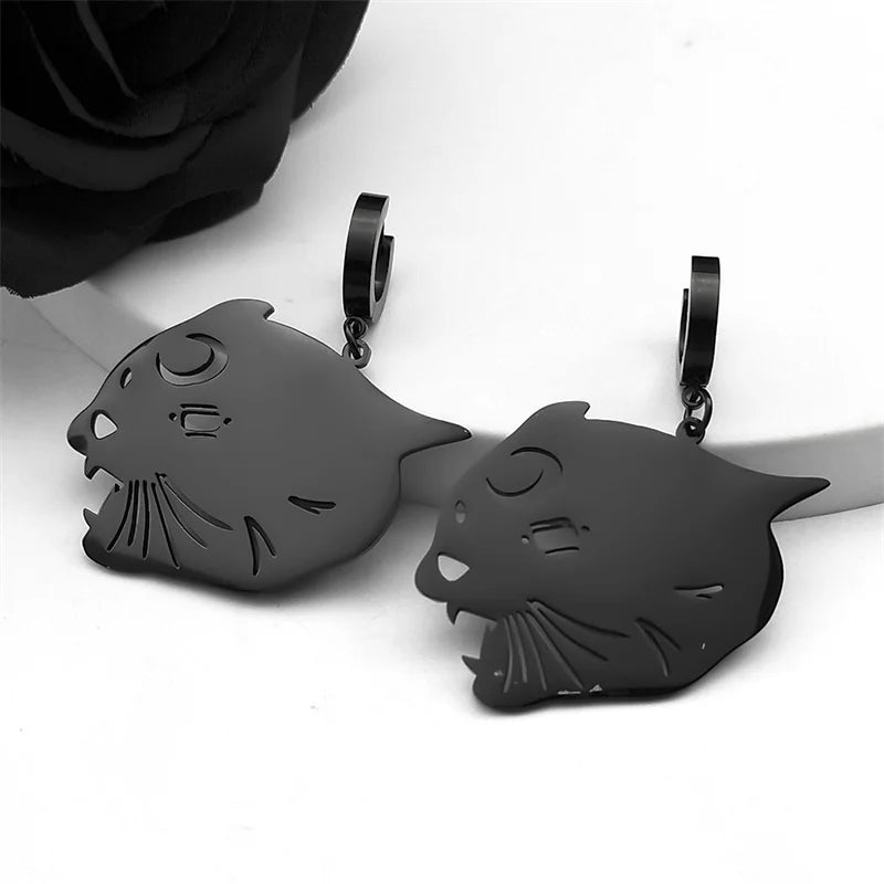 Cat Silver Earrings Witchcraft Head Moon Hoop