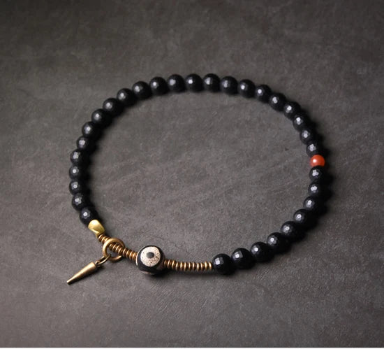 Three-Eyed Dzi Bead Double Wrap Elastic Bracelet 8mm Black