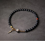 Three-Eyed Dzi Bead Double Wrap Elastic Bracelet 8mm Black