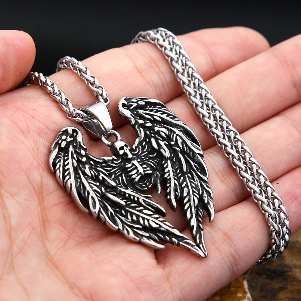 New 316L Stainless Steel Skull With Angel Wings Pendant Necklaces For Men Boys Gothic Hip Hop Biker Jewelry Gifts