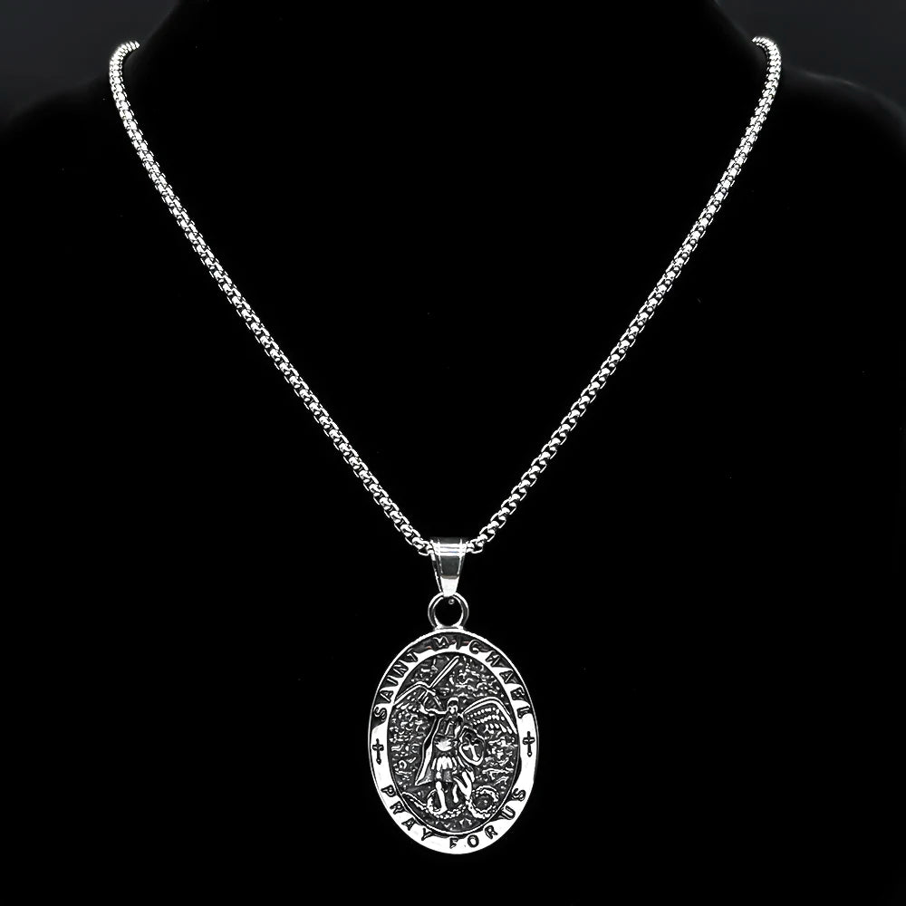 Archangel Saint Michael Pray for Us Stainless Steel Chain Necklace for Women Men Silver Color Oval Pendant Necklaces