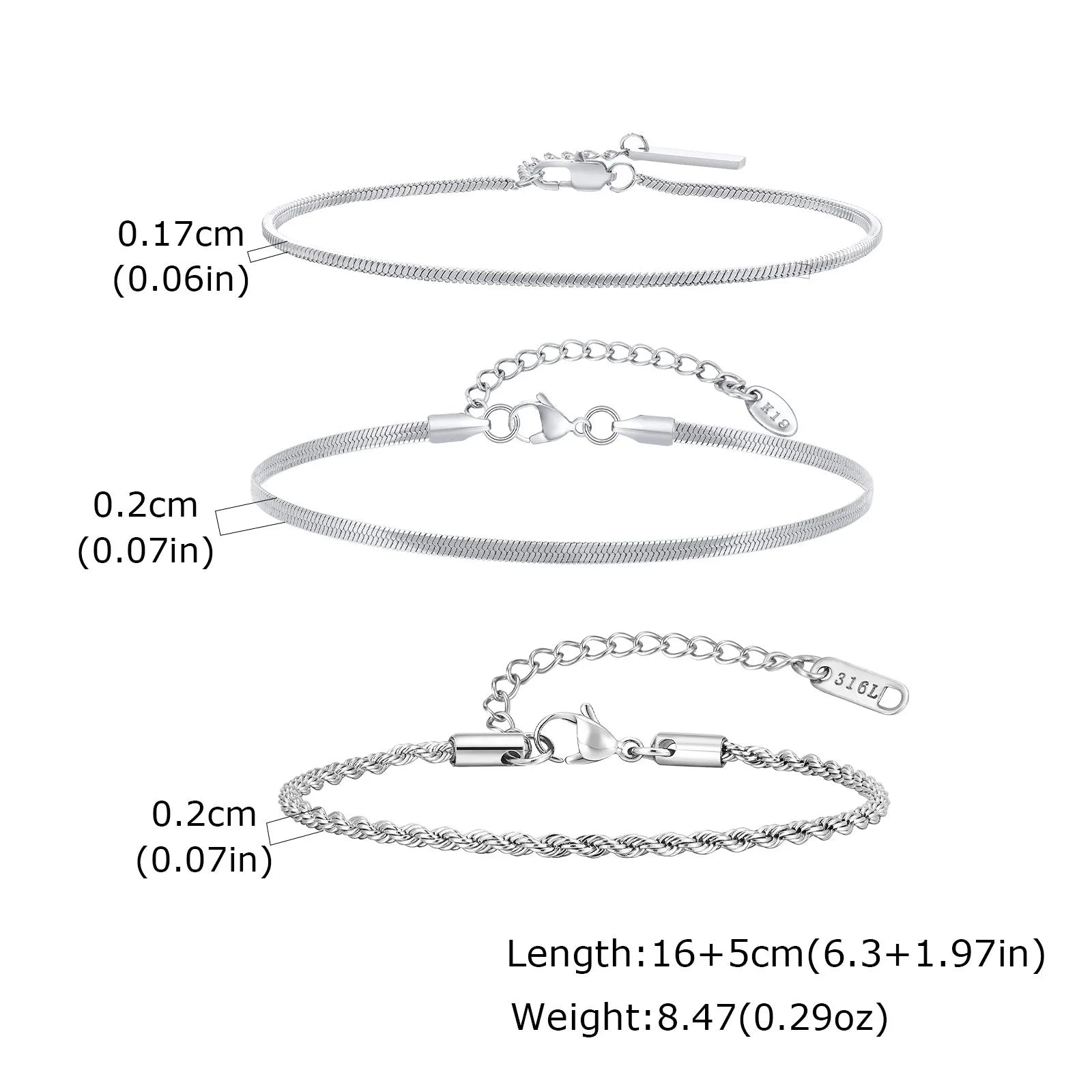 Thin Chain Bracelet Set 3pcs — Silver