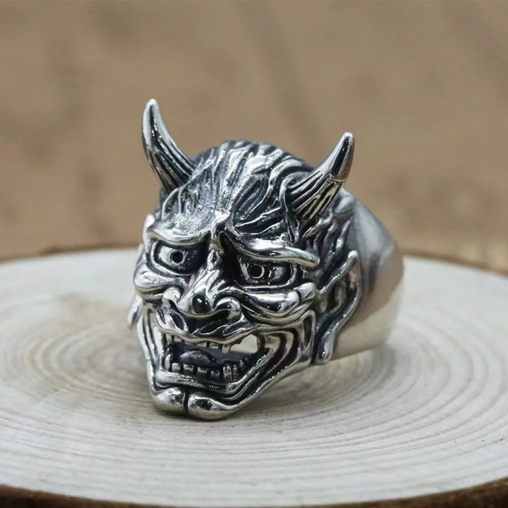 Punk Hannya Oni Mask Ring Men | Gothic Demon Devil Biker Jewelry | Vintage Silver Plated Finger Ring for Male Party Gift