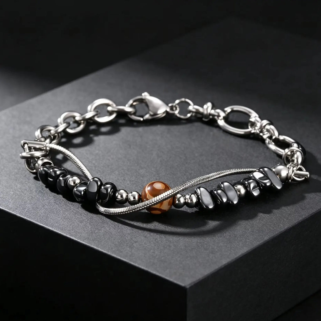Double-Layer Black Natural Stone Bead Bracelet — Stainless Steel