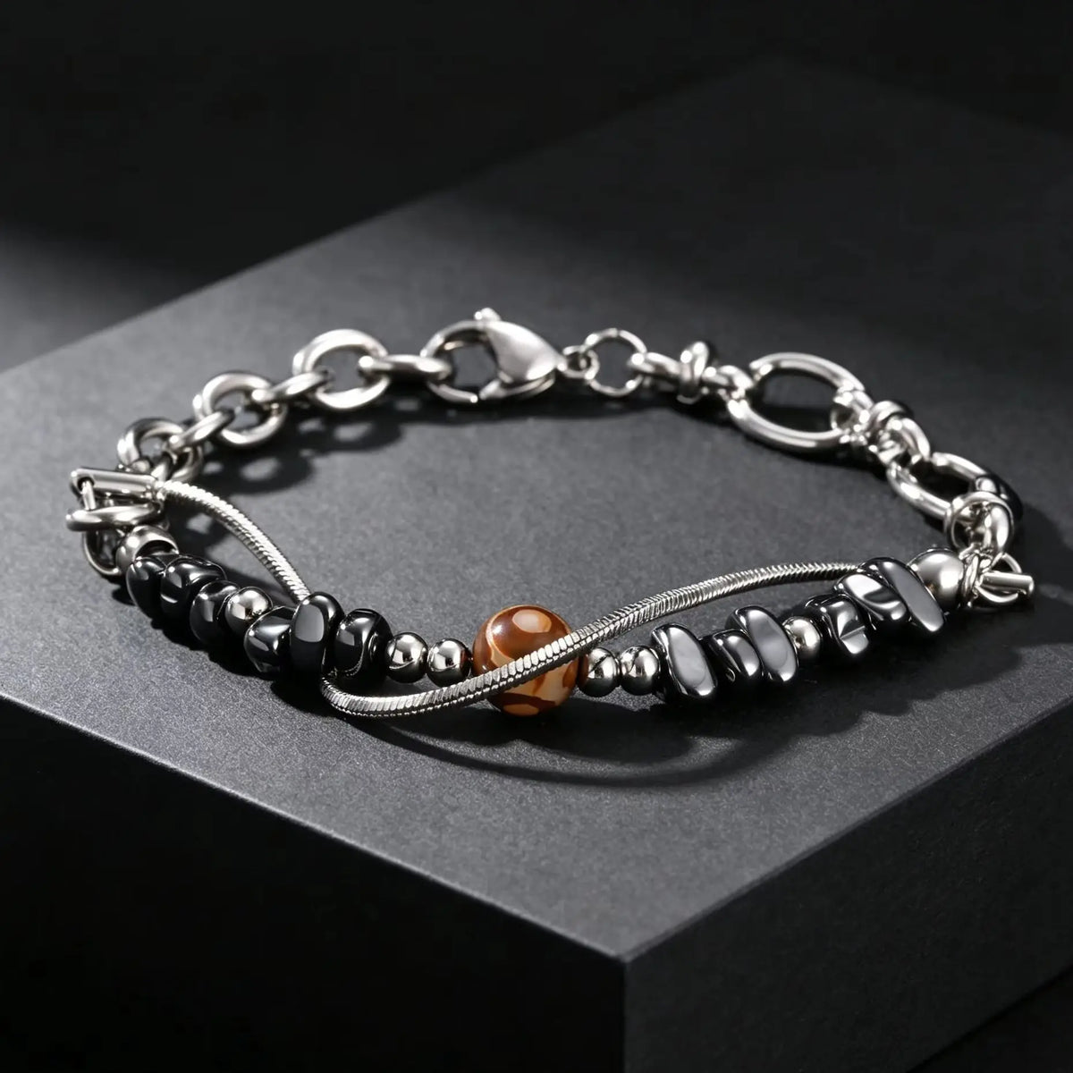 Double-Layer Black Natural Stone Bead Bracelet — Stainless Steel