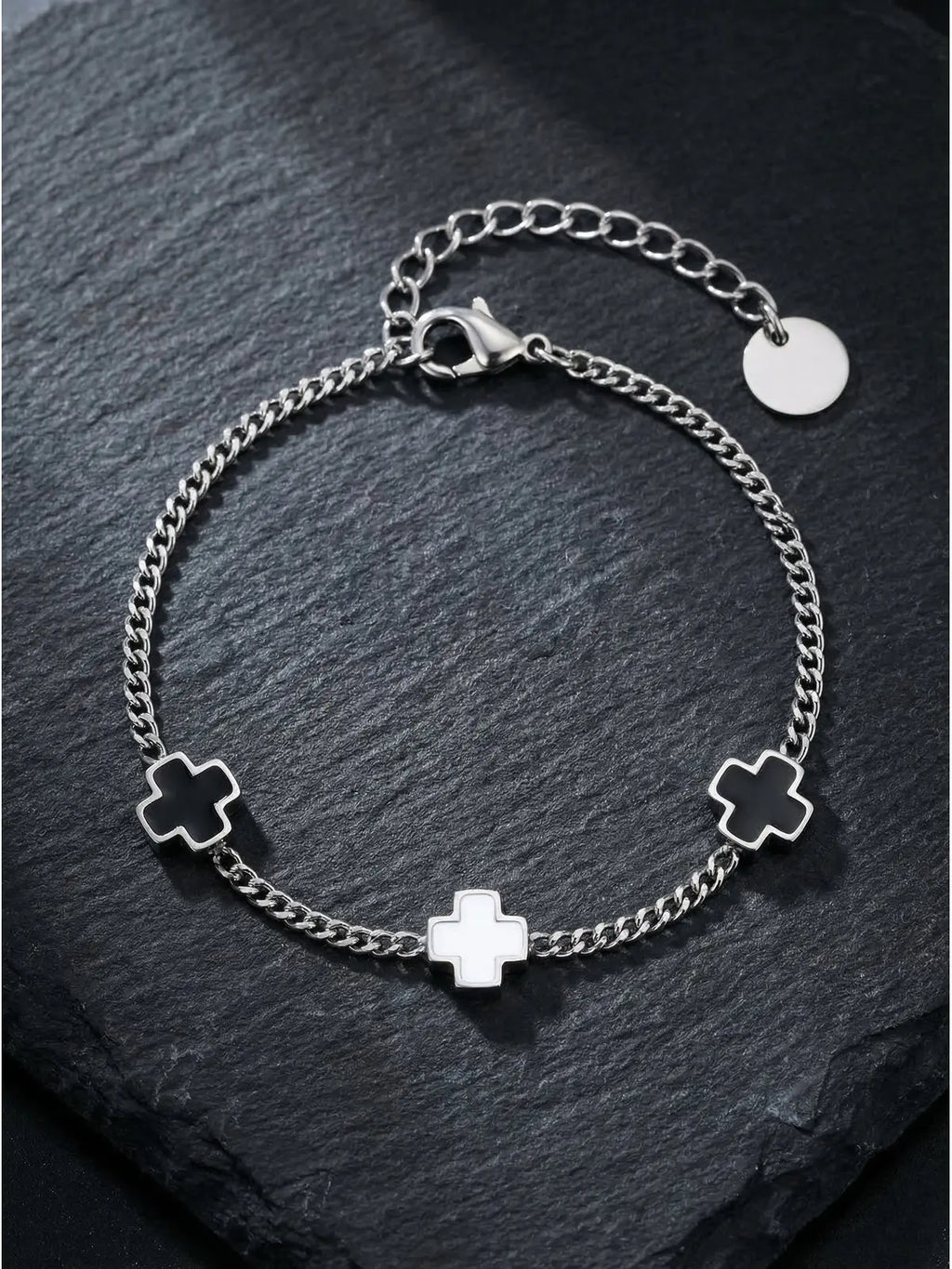 Cross Black Contrast Charm Bracelet — Stainless Steel