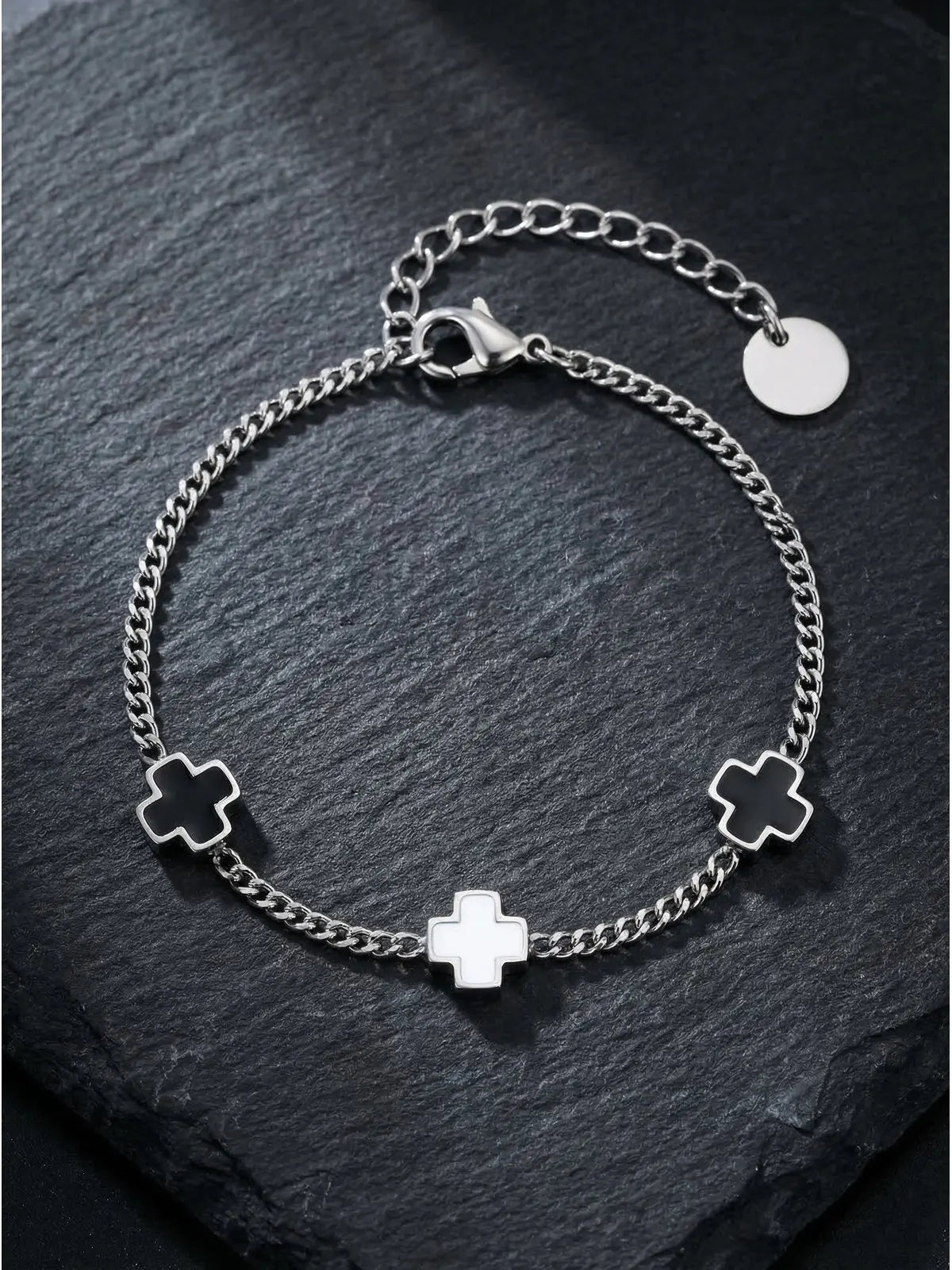 Cross Black Contrast Charm Bracelet — Stainless Steel