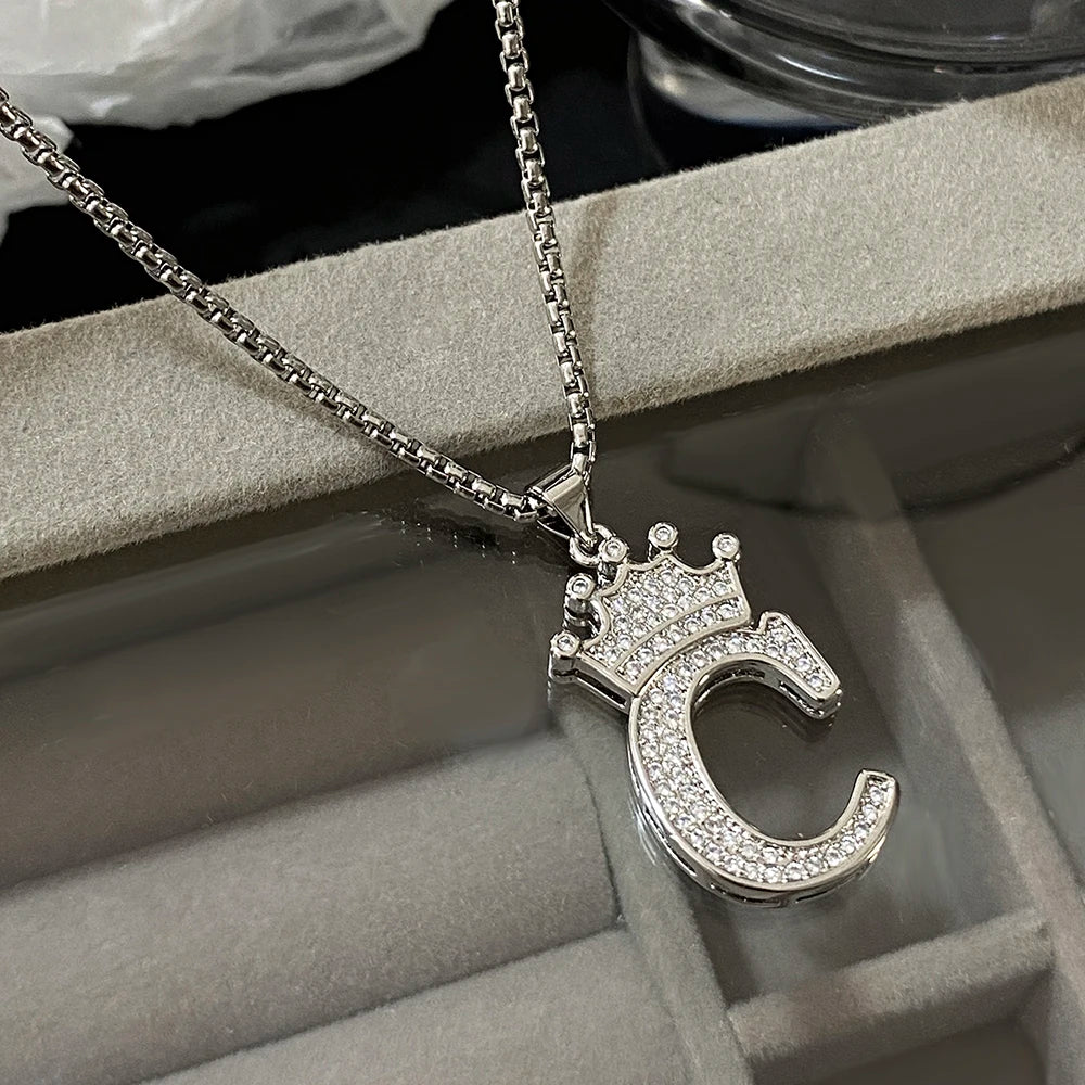 Freetry 26 Letters A-Z Zircon Crown Pendant Necklace for Women Men Punk Initial Alphabet Necklaces Hip Hop Choker Chain