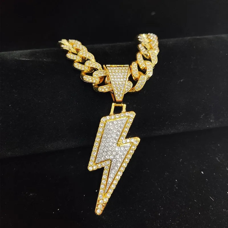 Men Women Hip Hop Lightning Pendant Necklace with 13mm Crystal Cuban Chain HipHop Iced Out Bling Necklaces Fashion Charm Jewelry