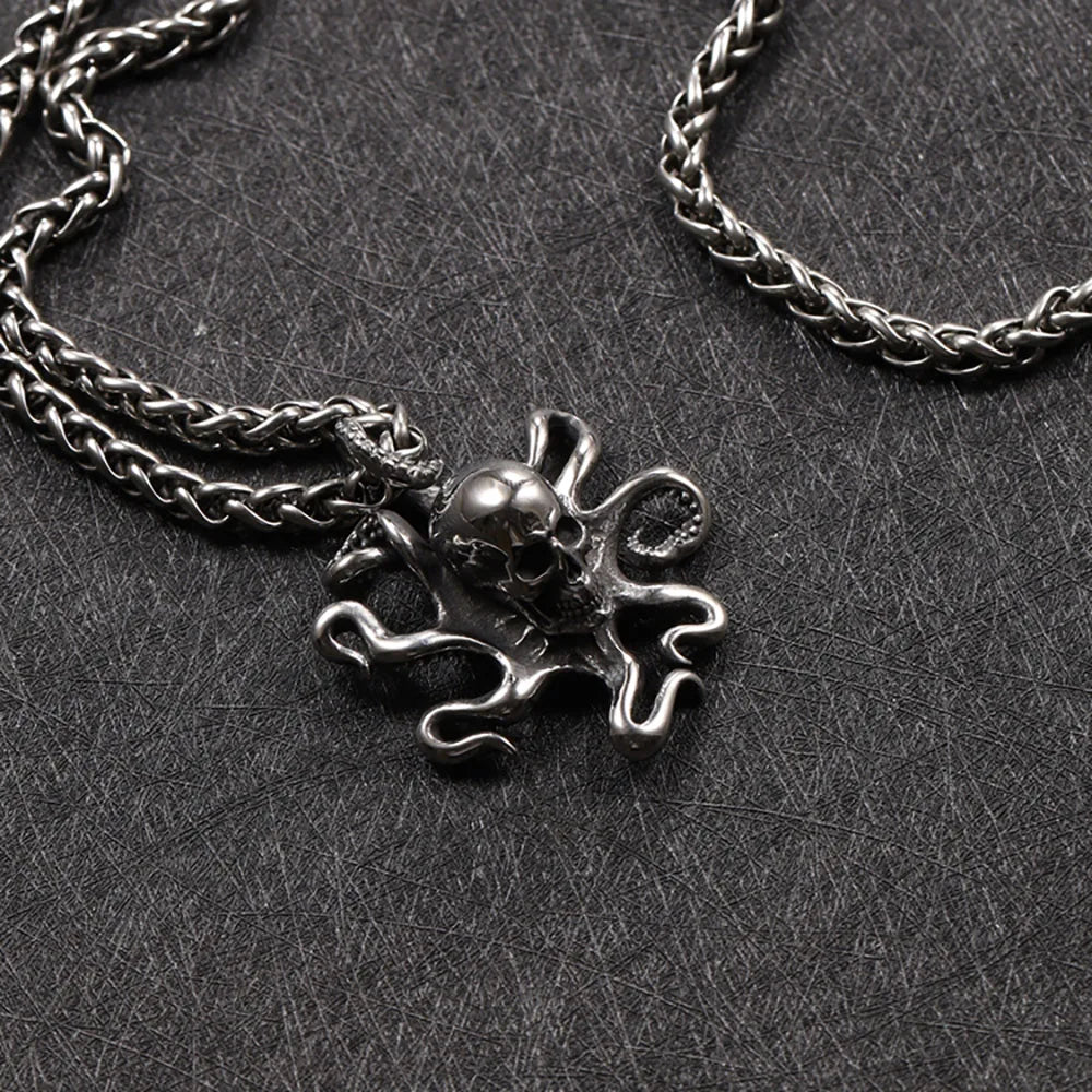 Gothic Pirate Octopus Skull Necklace Pendant Men Retro Street Rock Stainless Steel Octopus Necklace Chain Jewelry