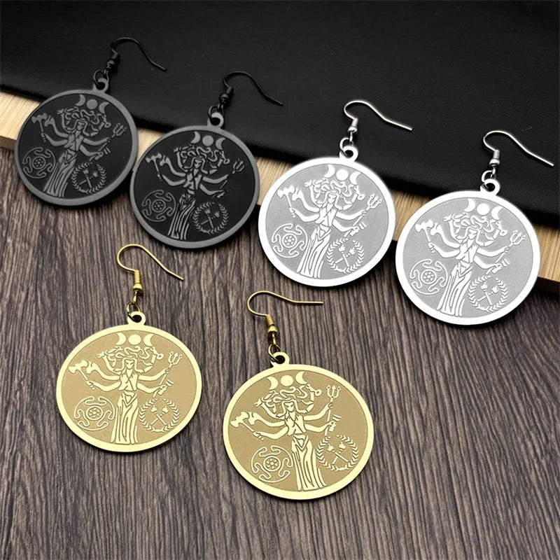 Snake Trident Gold Earrings Wicca Triple Moon