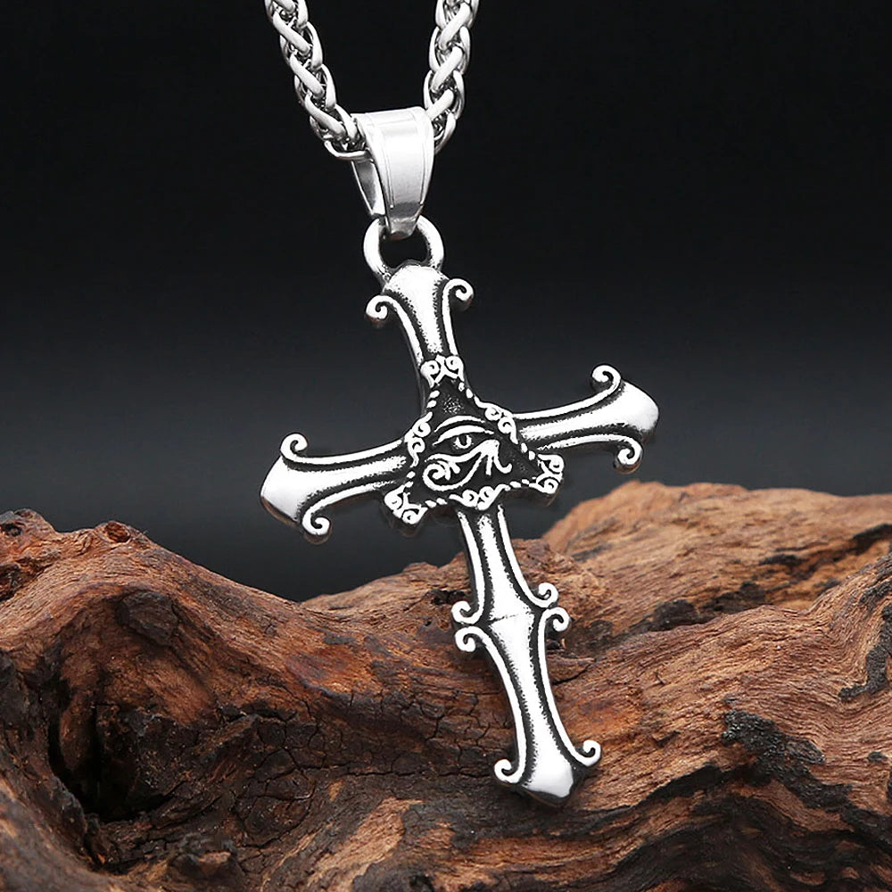 Cross Horus Eye Steel Pendant Vintage Egyptian