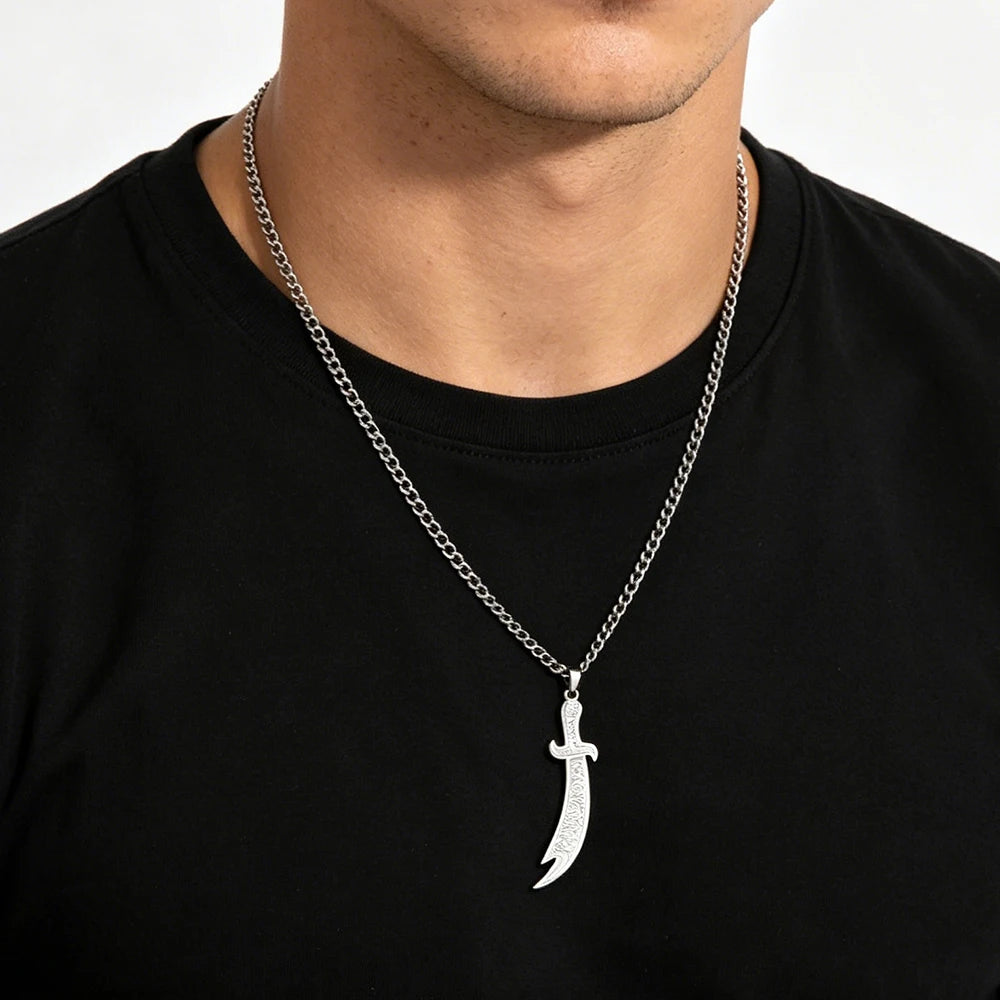 EUEAVAN 1pc Islamic Imam Ali Zulfiqar Sword Stainless Steel Pendant for Necklace Muslim Arabic Calligraphy Jewelry Making Gifts