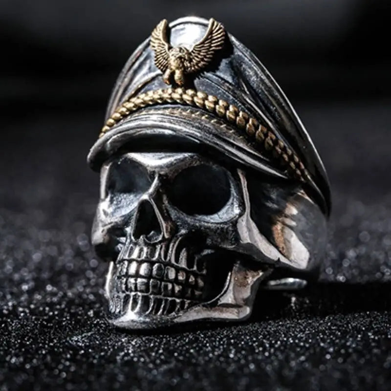 Retro Colored Navy Officer Skull Ring For Men Punk Gothic Rock Hiphop Open Ring Biker Accessories Handmade Jewelry