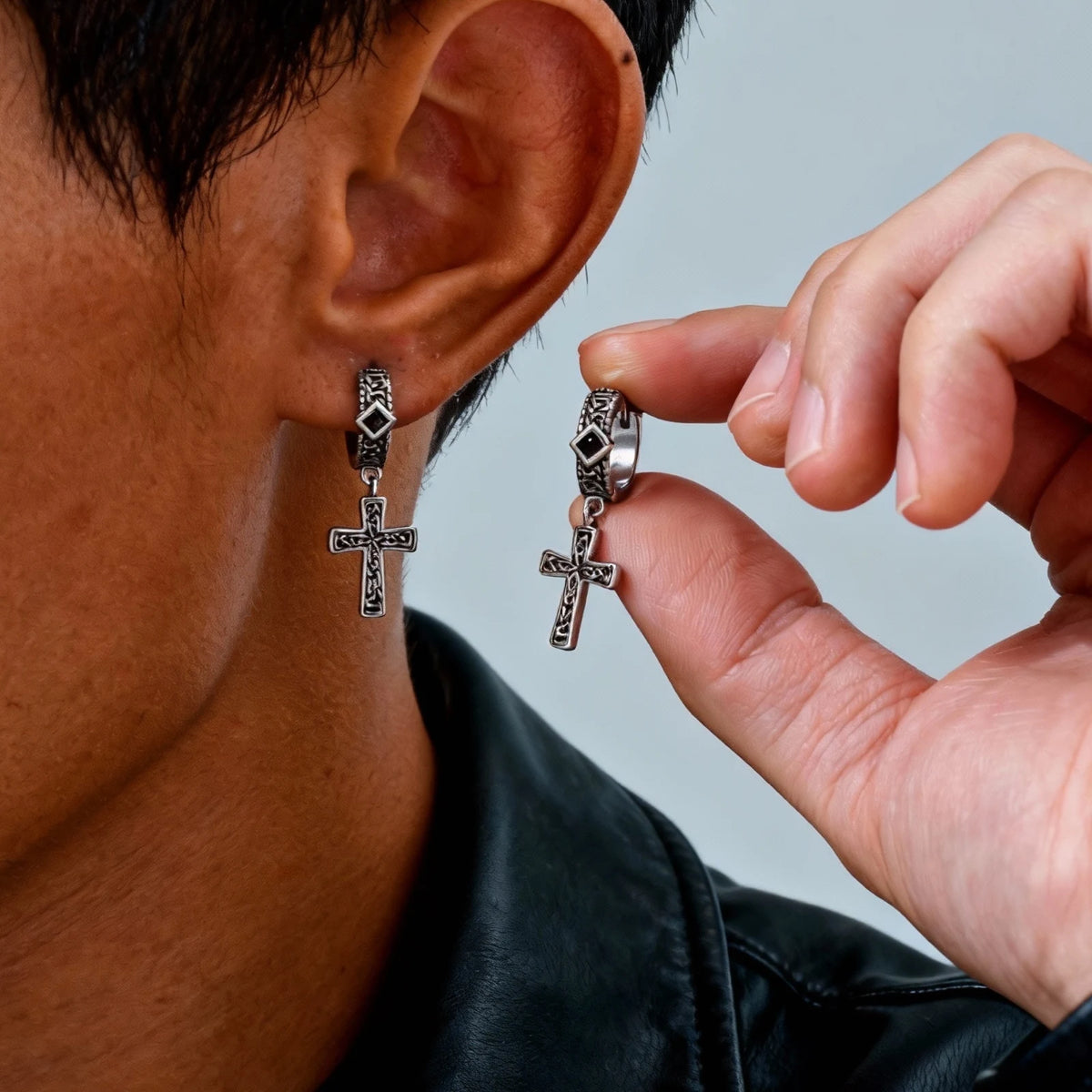 Vintage Celtic Knot Cross Pendant Earrings for Men, Black Zircon Stainless Steel Rhombus Hoop Earrings, Punk Gothic