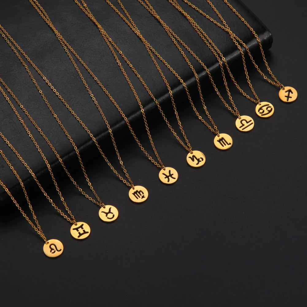 Kkjoy Stainless Steel Star Zodiac Sign Necklaces 12 Constellation Choker Pendants Necklace Aries Libra Leo Collier Birthday Gift