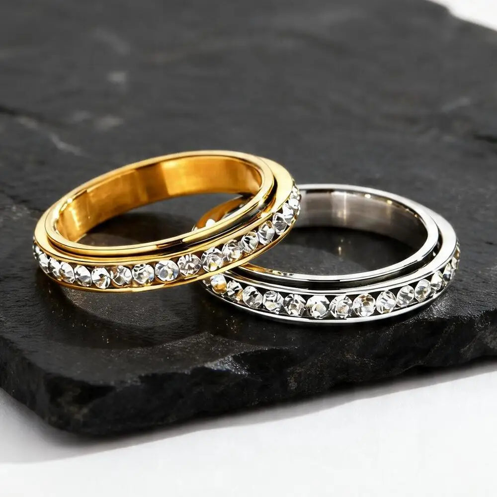 Iced Out Zircon Spinner Ring — Stainless Steel