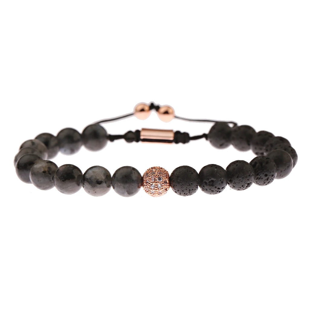 Black CZ Pave Ball Beaded Bracelet for Men — Adjustable Weave