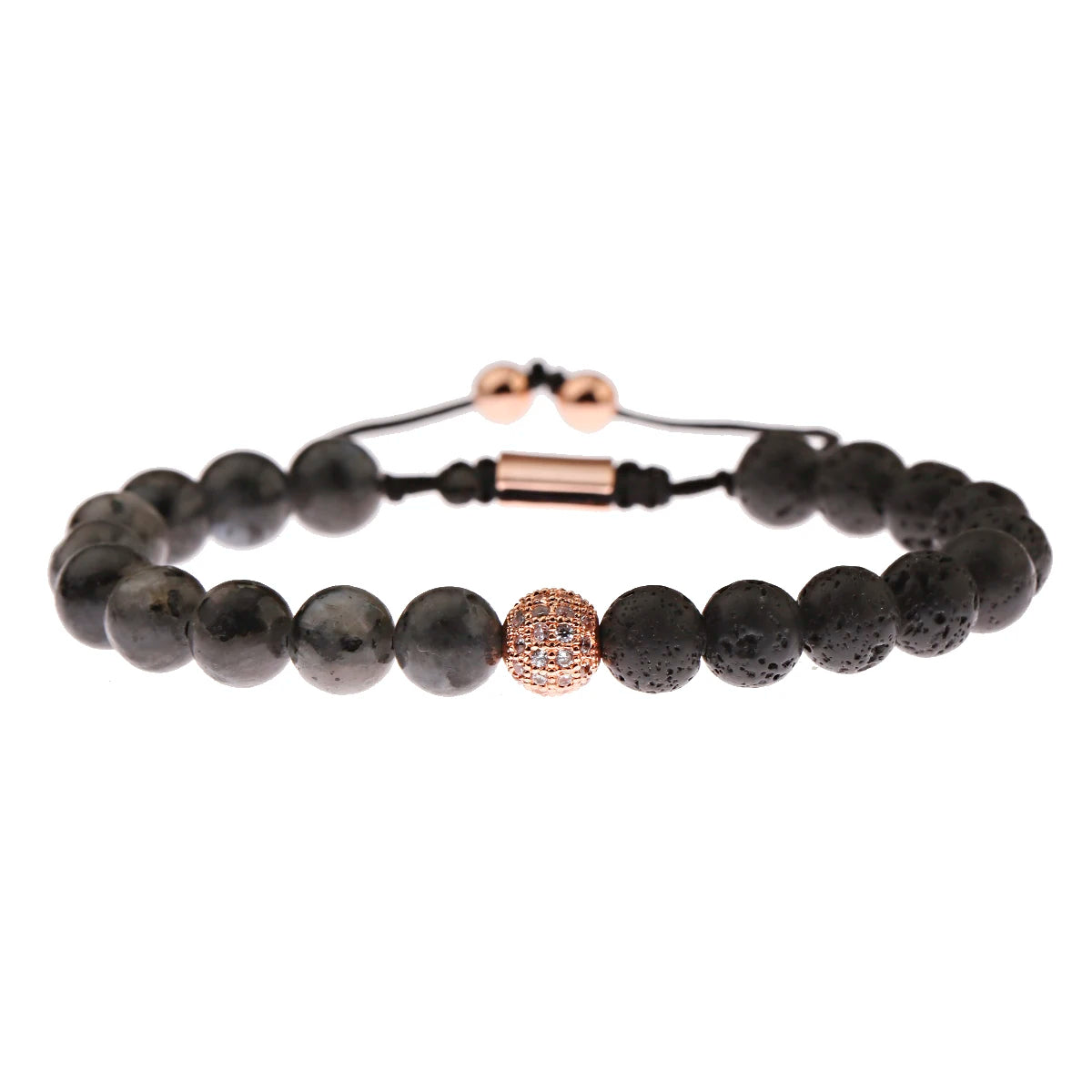 Black CZ Pave Ball Beaded Bracelet for Men — Adjustable Weave