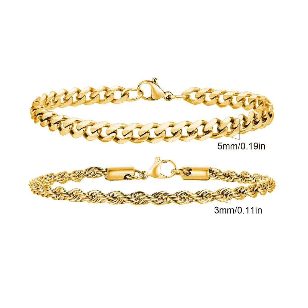 Rope Cuban Chain Bracelet 2pcs — Two-Tone