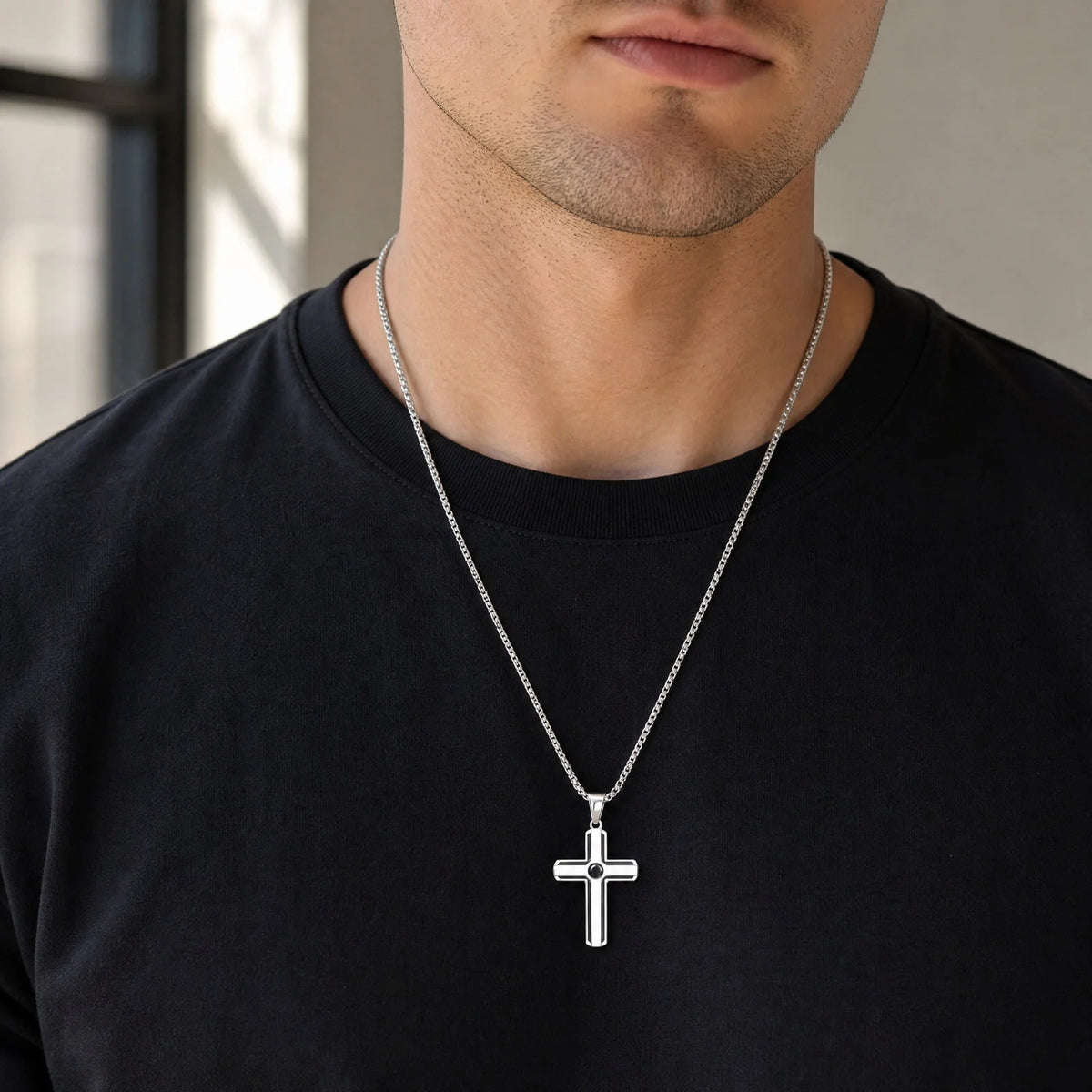 Vnox Men Cross Necklace, Stainless Steel Black Onyx Enamel Cross Pendant, 60cm Box Chain Religious Faith Jewelry Gift