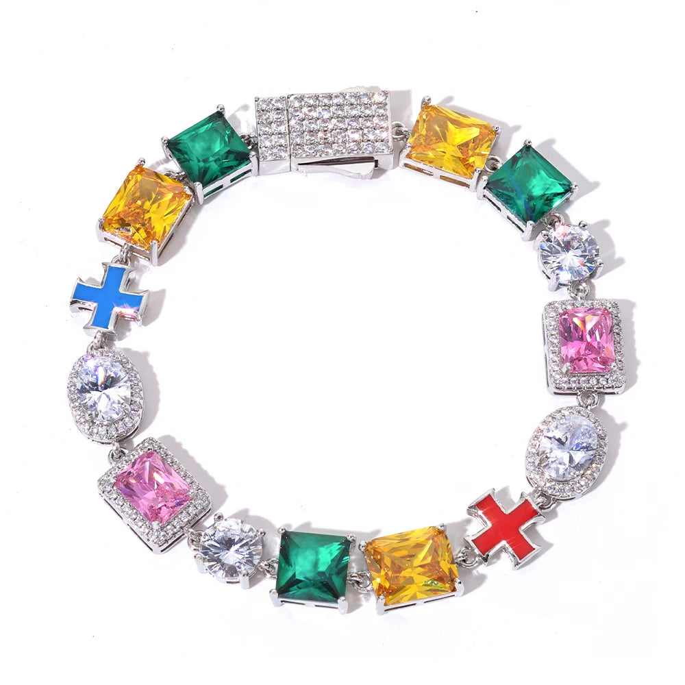 Iced Out Gemstone Necklace Stainless Steel Multi